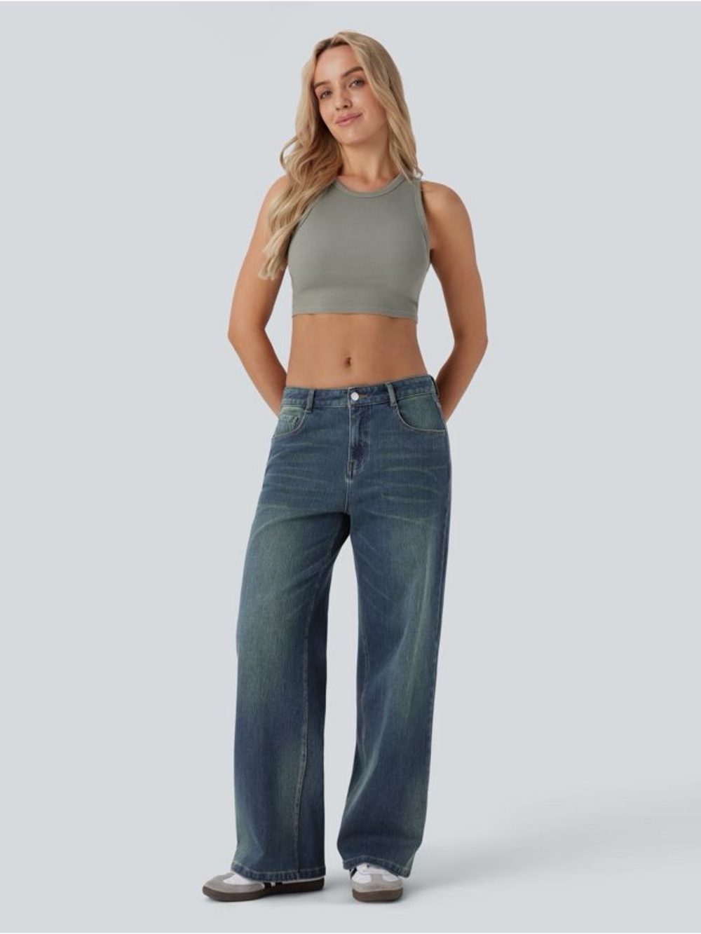 HALARA Wide-Leg Jeans in Washed Blue Denim